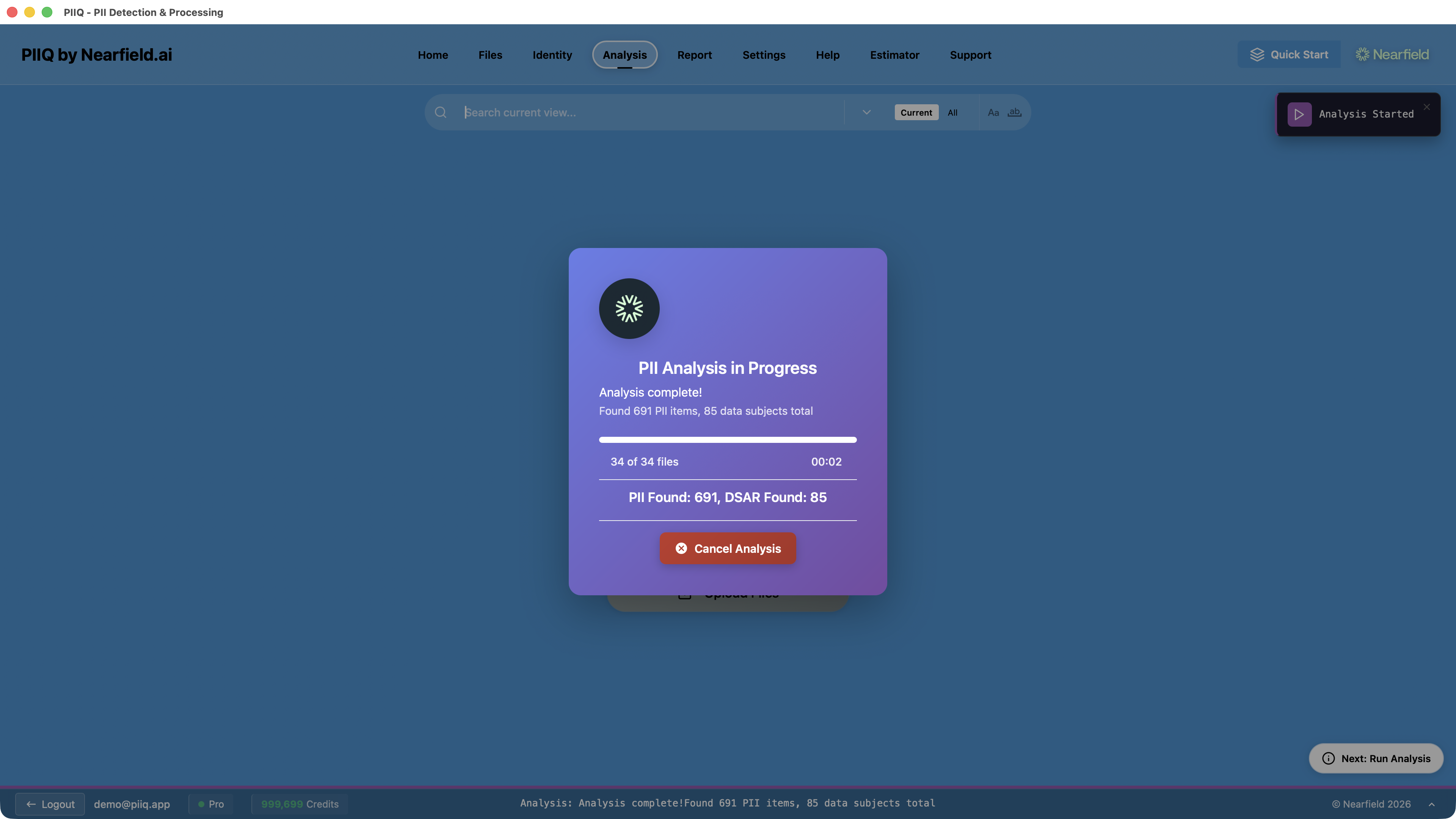Screenshot: PIIQ Analysis in progress — processing 34 files with real-time PII detection