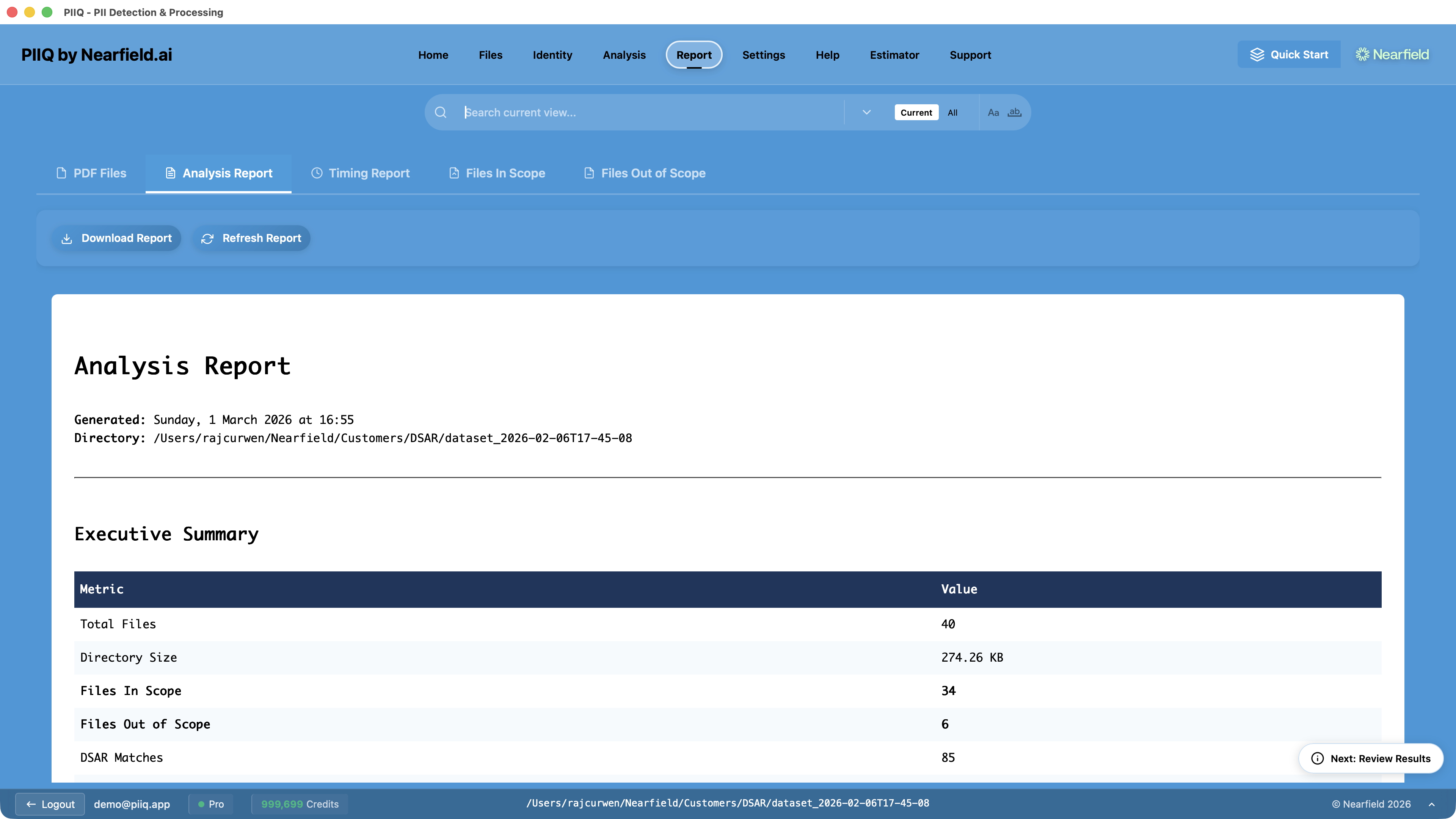 Screenshot: PIIQ analysis report with executive summary showing total files, scope breakdown, and DSAR matches