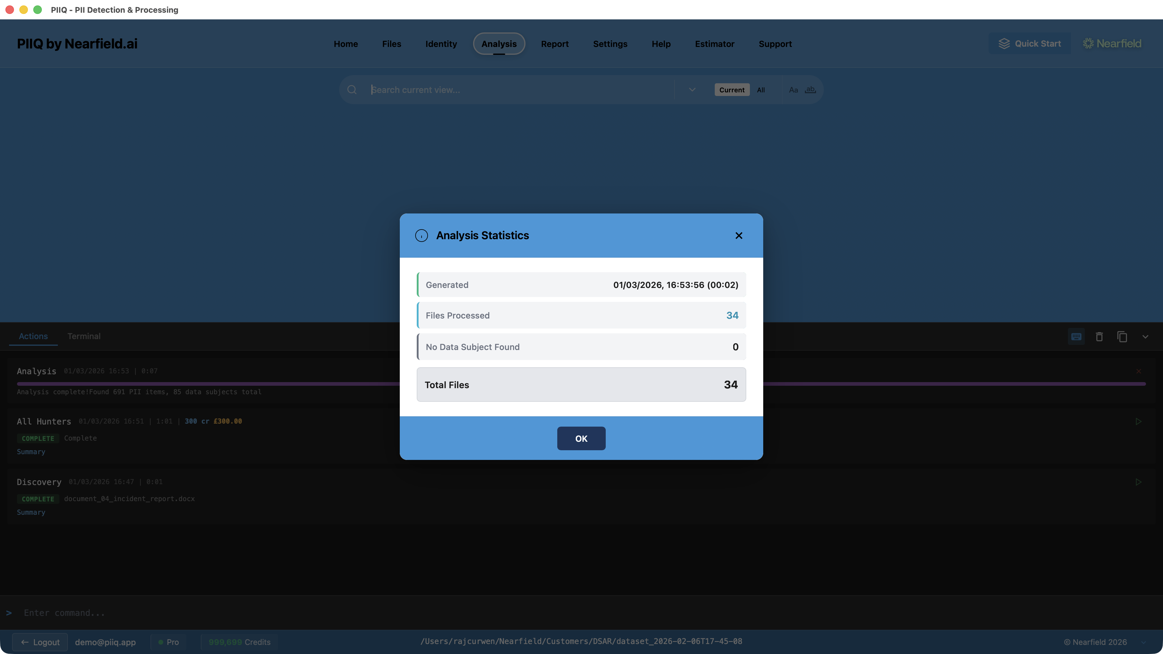 Screenshot: PIIQ analysis statistics showing 34 files processed and PII occurrences found