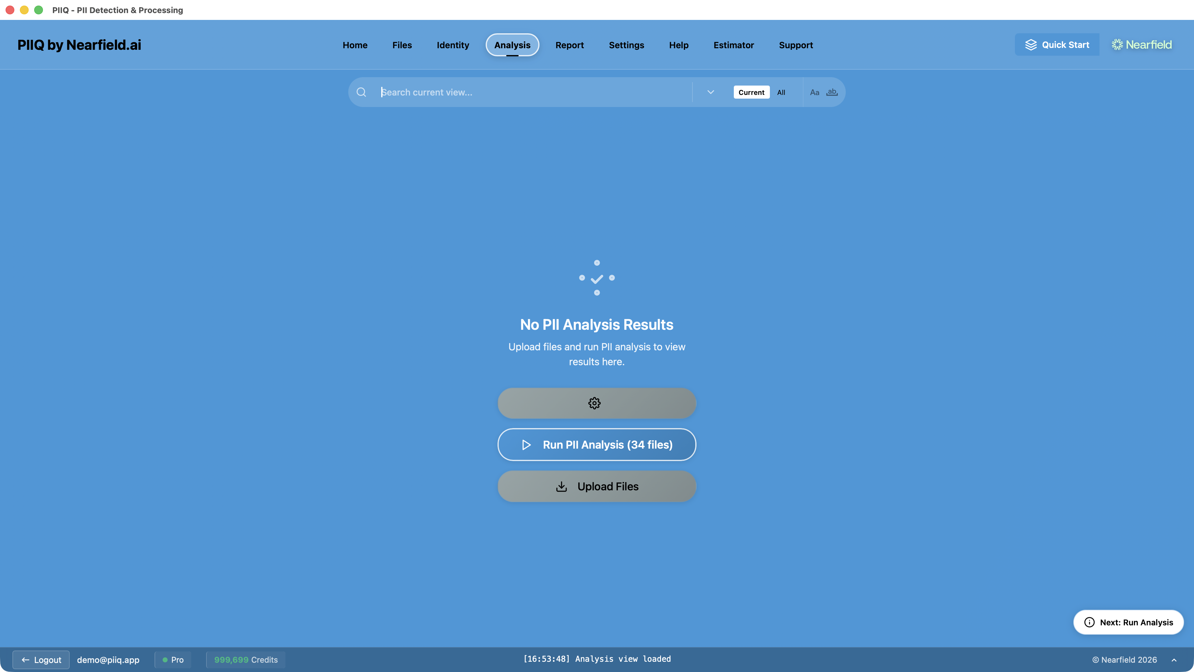 Screenshot: PIIQ Analysis tab ready to run PII Analysis on 34 in-scope files