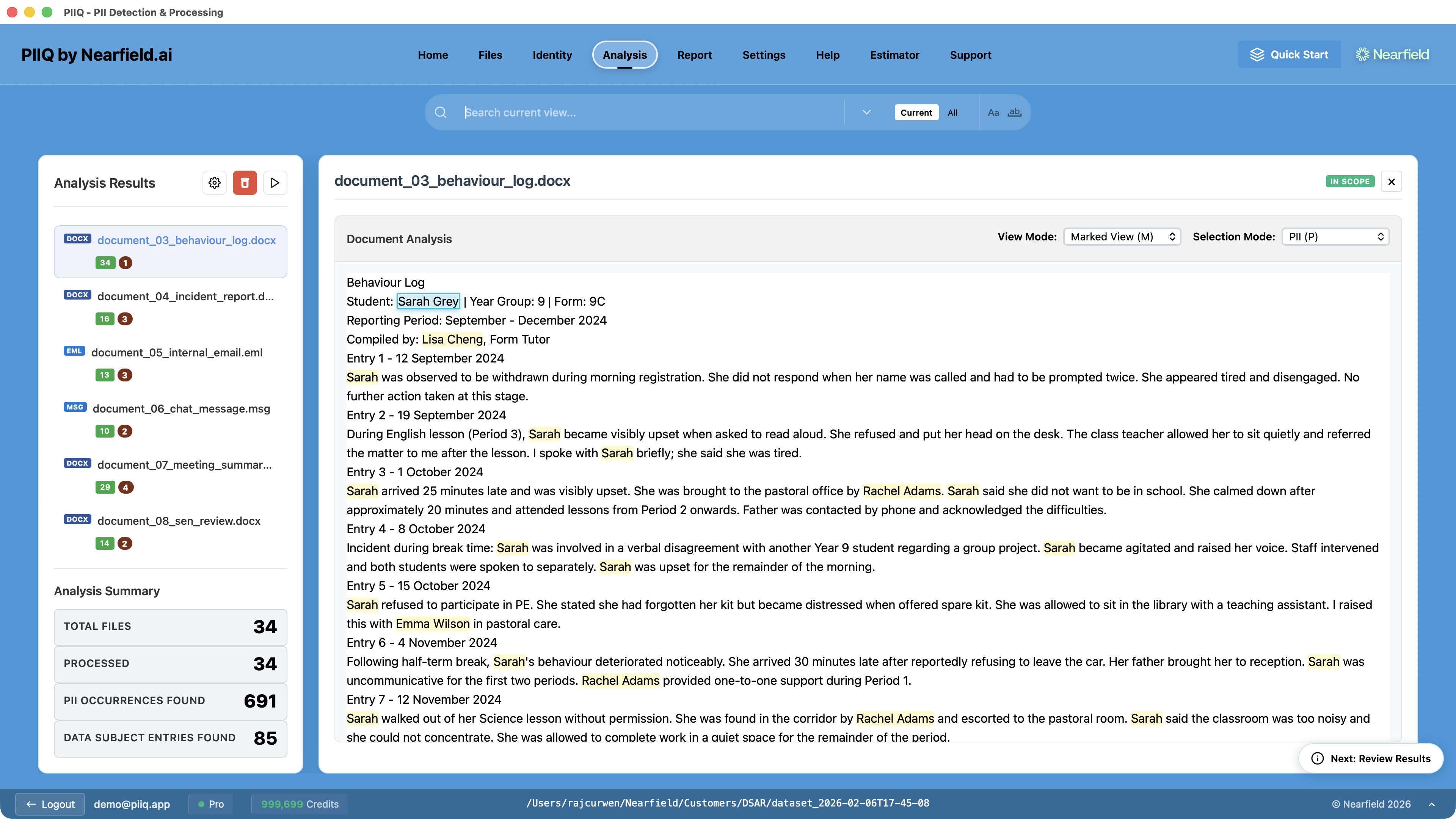 Screenshot: PIIQ analysis view processing a refined, scoped document set with redactions highlighted