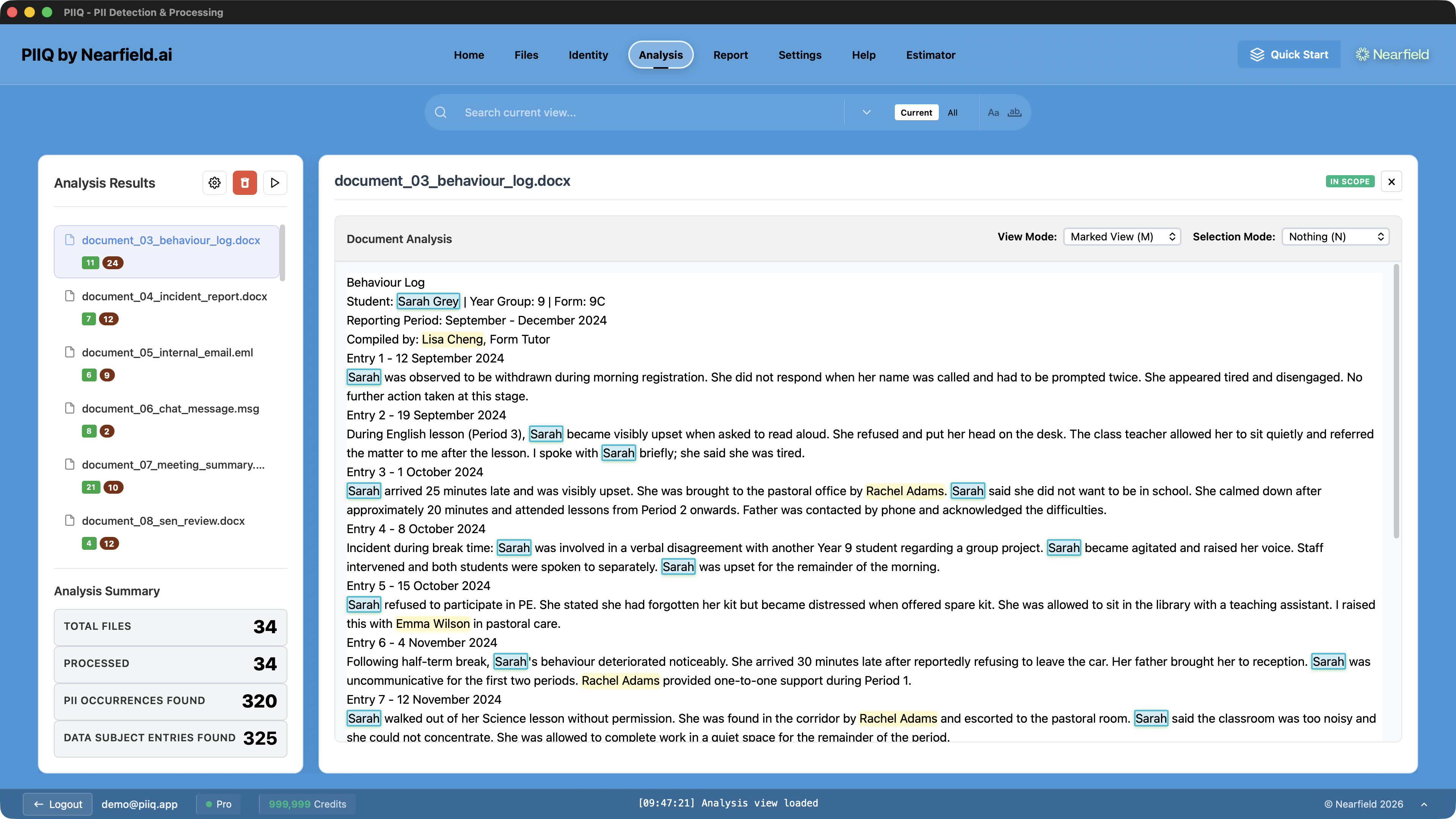 Analysis view with PII results and confidence