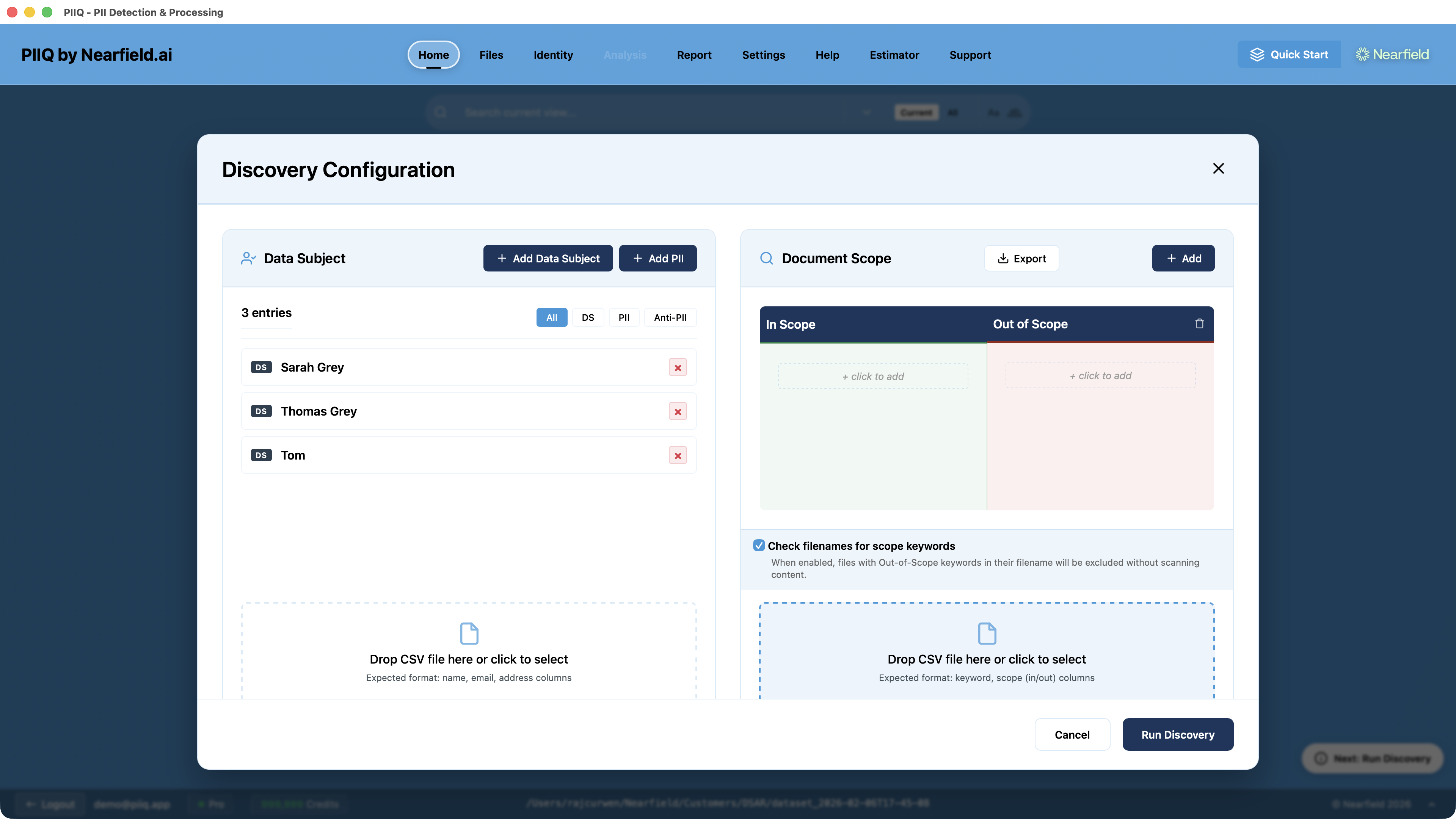 Screenshot: PIIQ Discovery Configuration dialog showing data subject entries and document scope settings