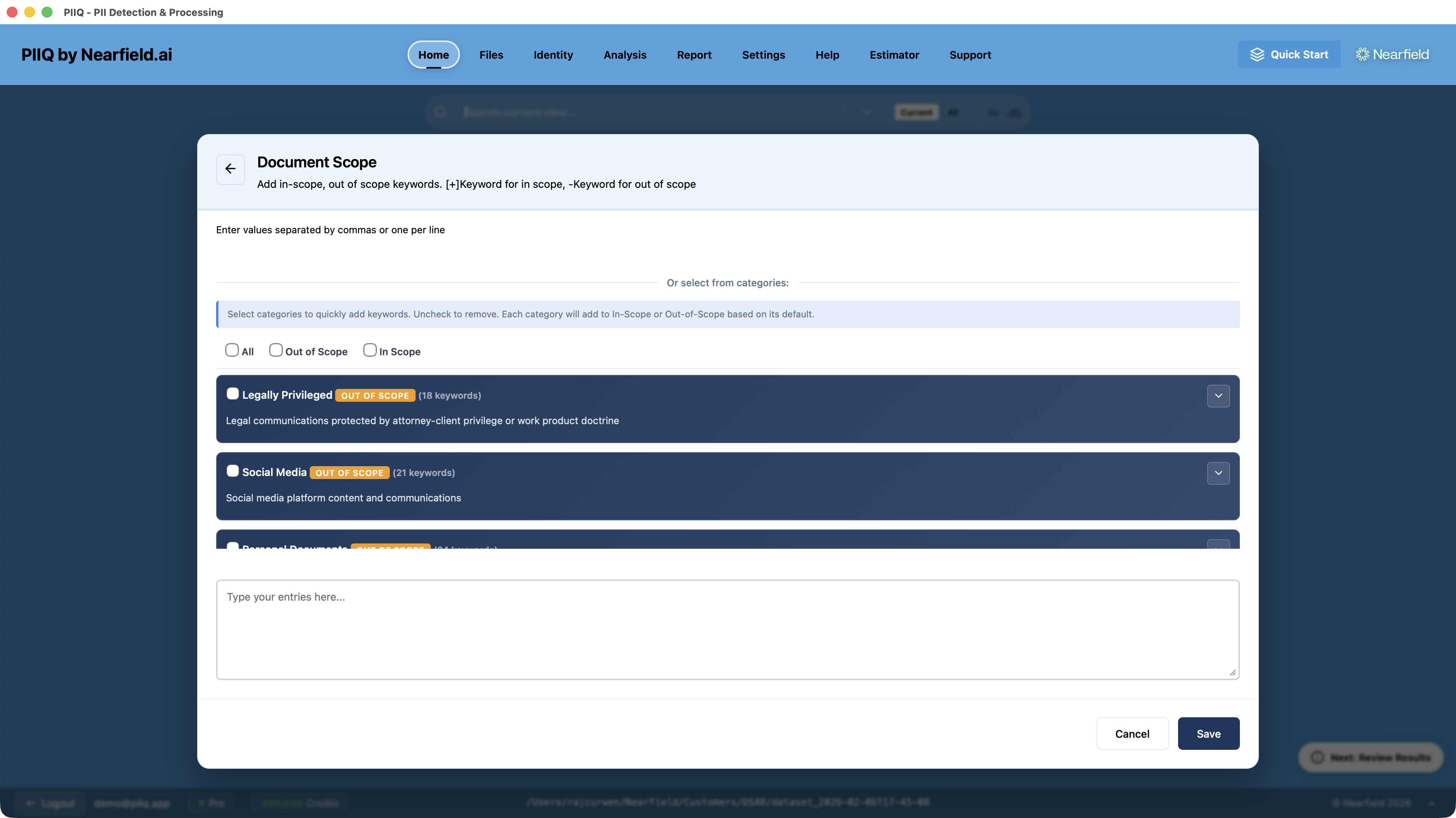 Screenshot: PIIQ Document Scope dialog showing standard exclusion categories like Legally Privileged and Social Media, with keyword entry and category selection