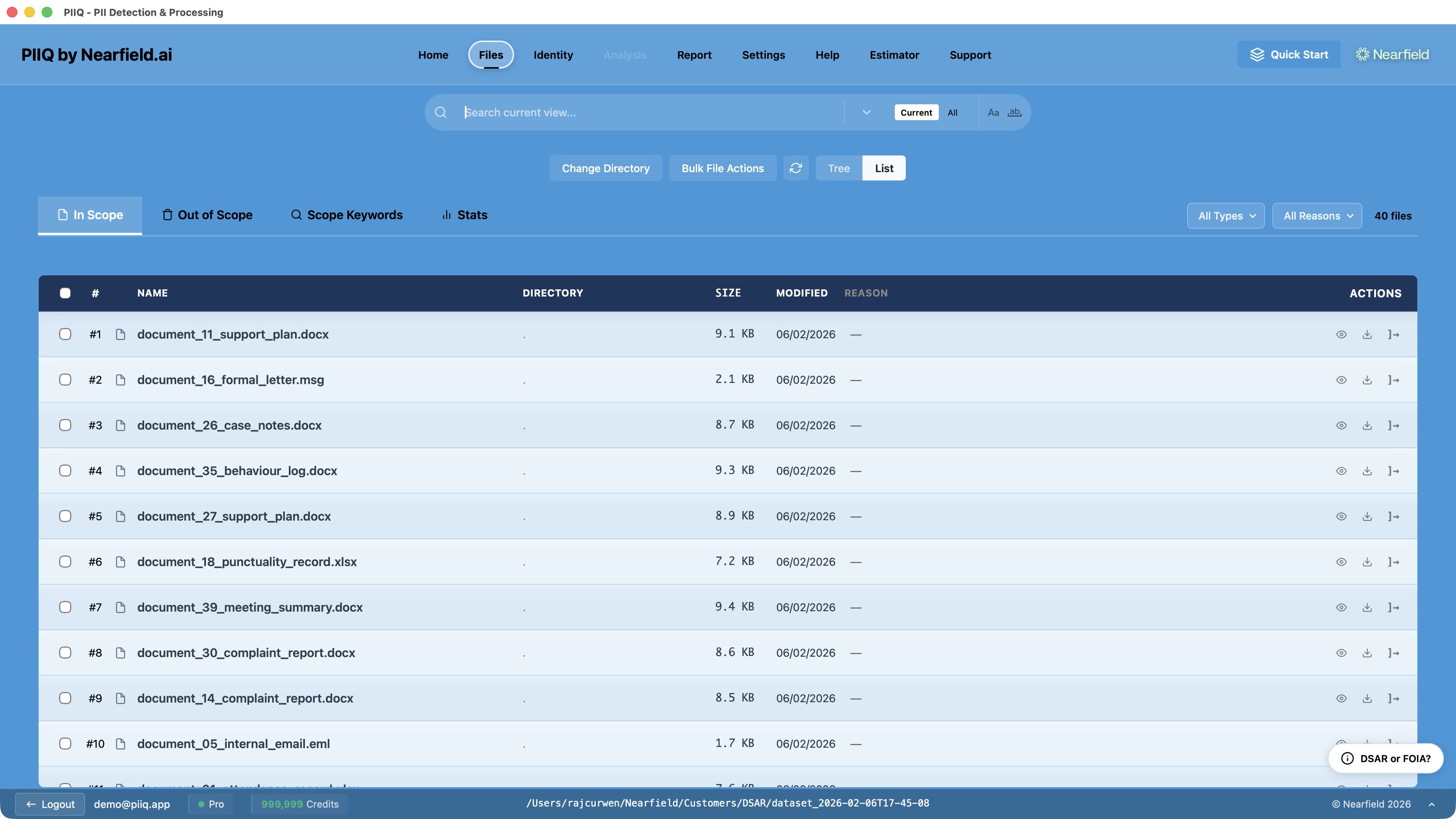 Files tab showing discovered documents