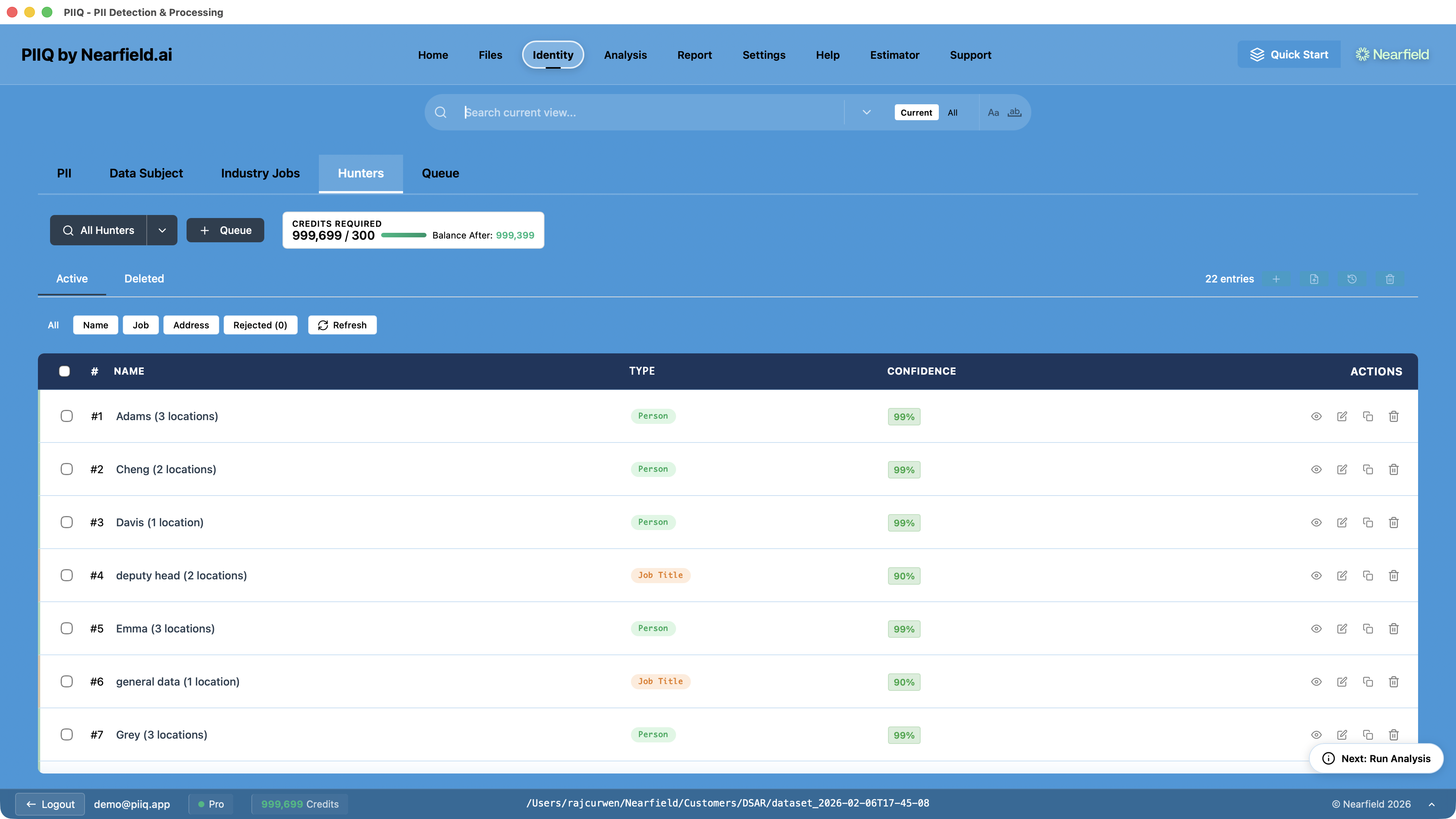 Screenshot: PIIQ Hunters results showing detected names, job titles, and addresses with confidence scores
