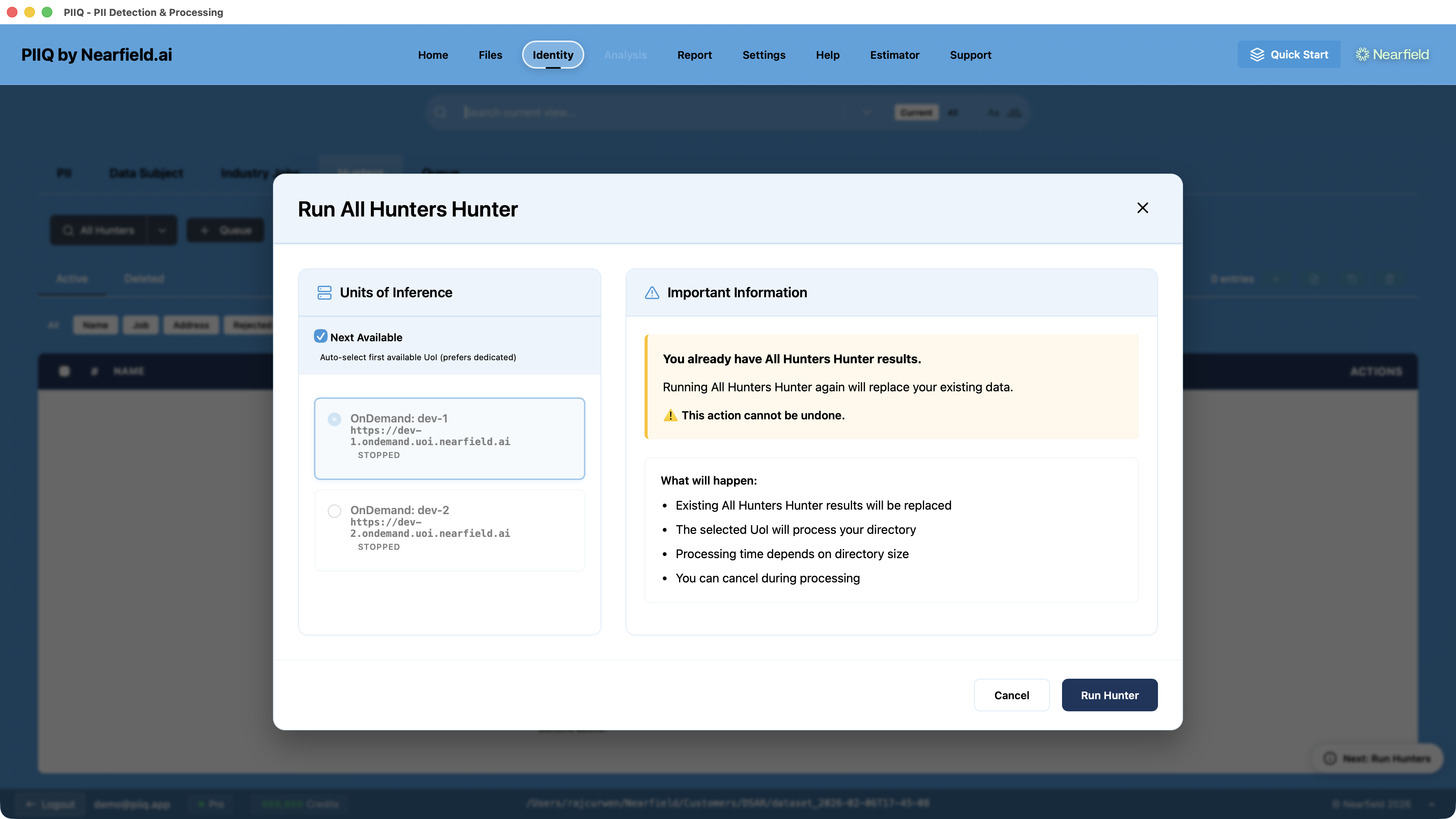 Screenshot: PIIQ Run All Hunters dialog showing Unit of Inference selection