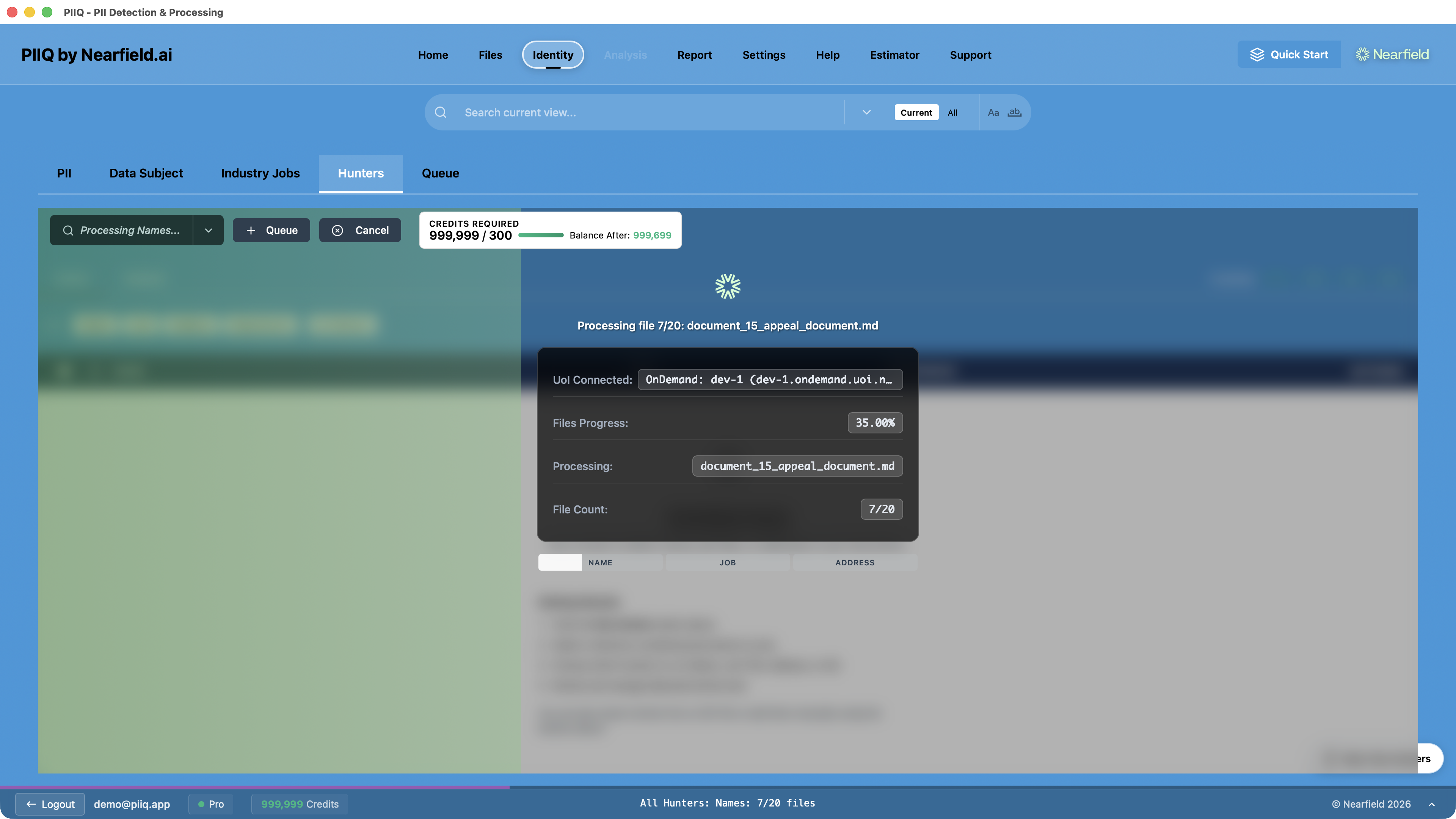 Screenshot: PIIQ Hunters processing in progress across the document set