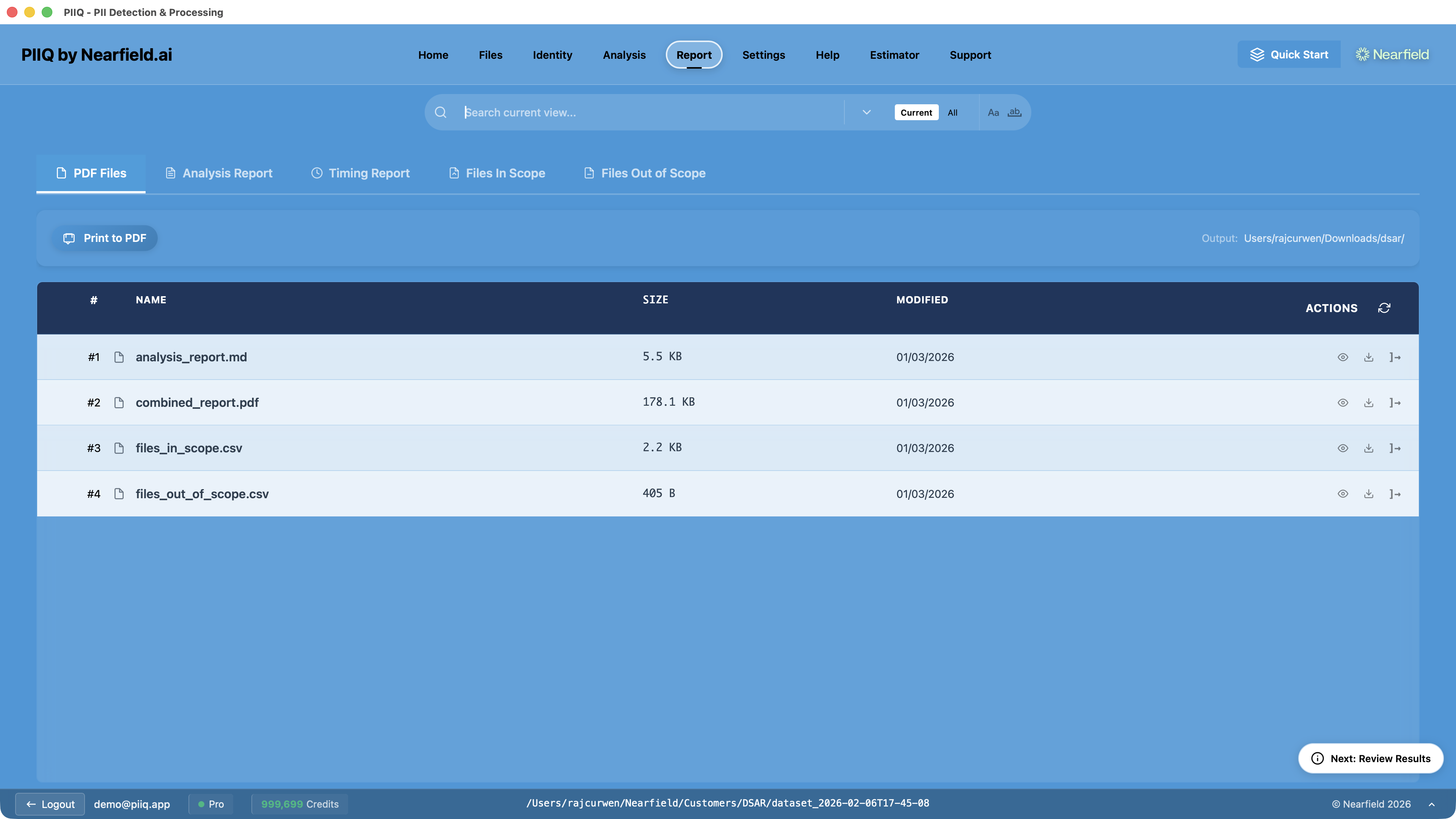 Screenshot: PIIQ Report tab showing output files — combined PDF, analysis report, and file scope CSVs