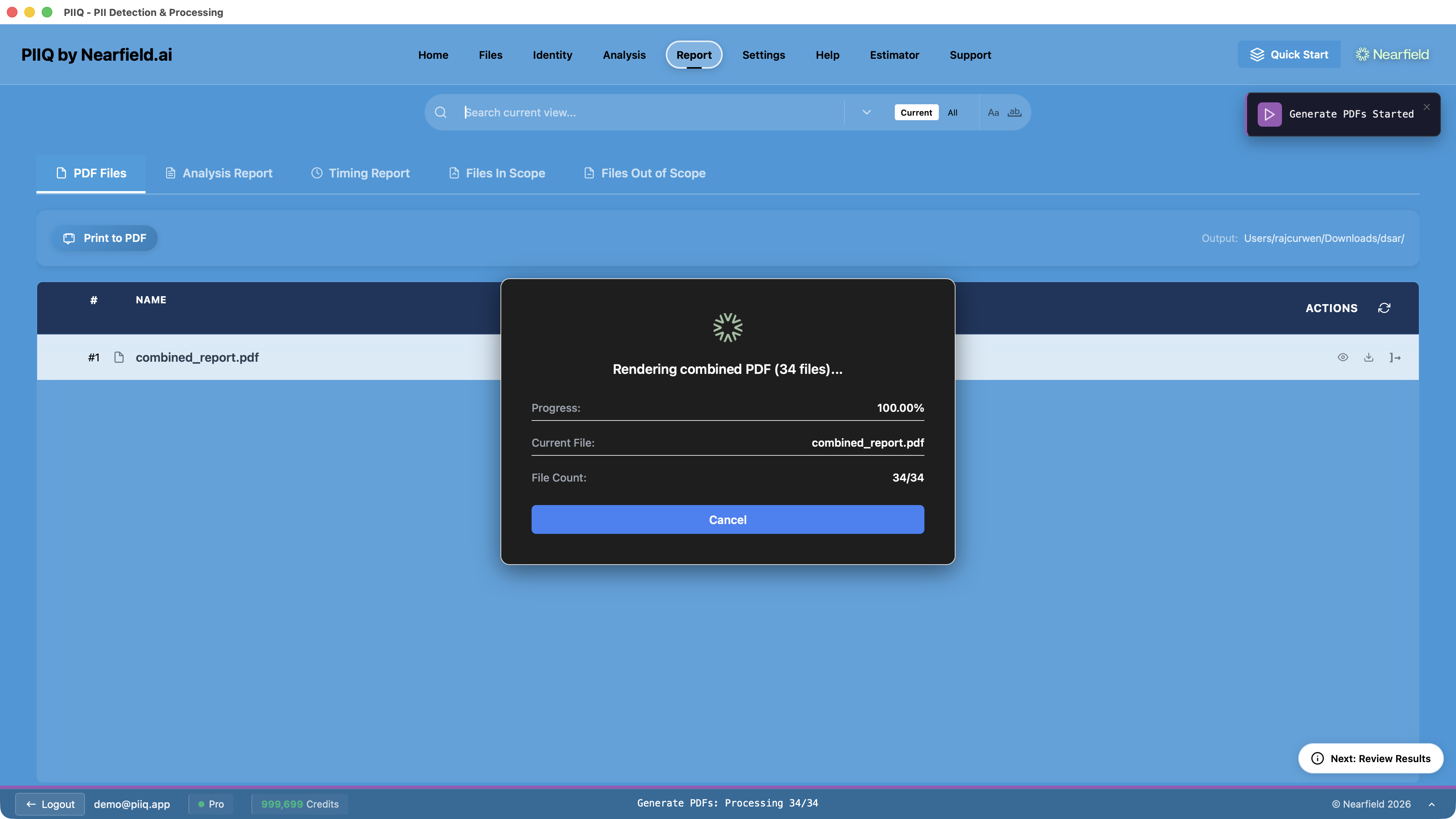 Screenshot: PIIQ generating combined redacted PDF from 34 processed files
