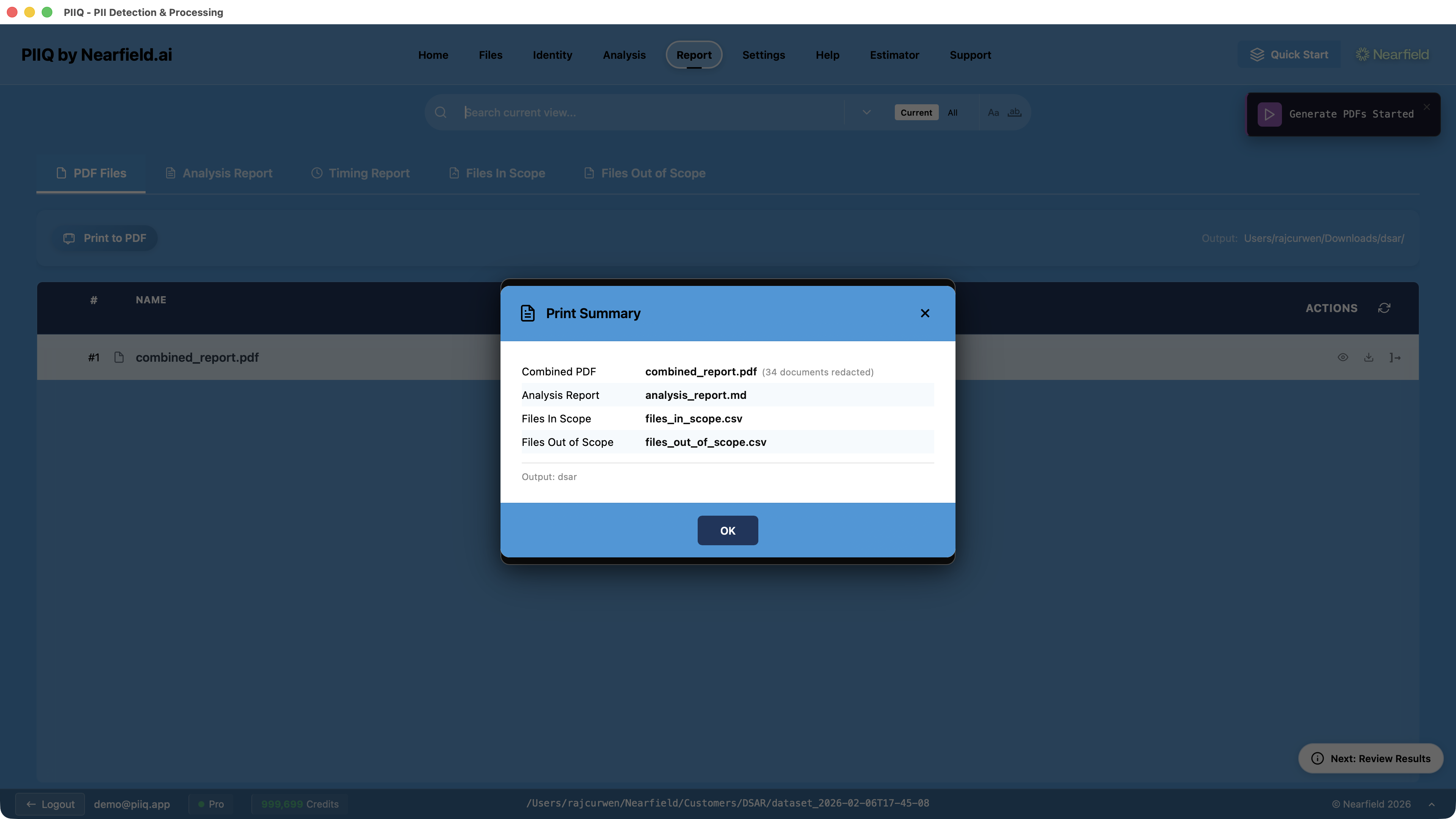 Screenshot: PIIQ print summary showing the combined PDF, analysis report, and file lists generated