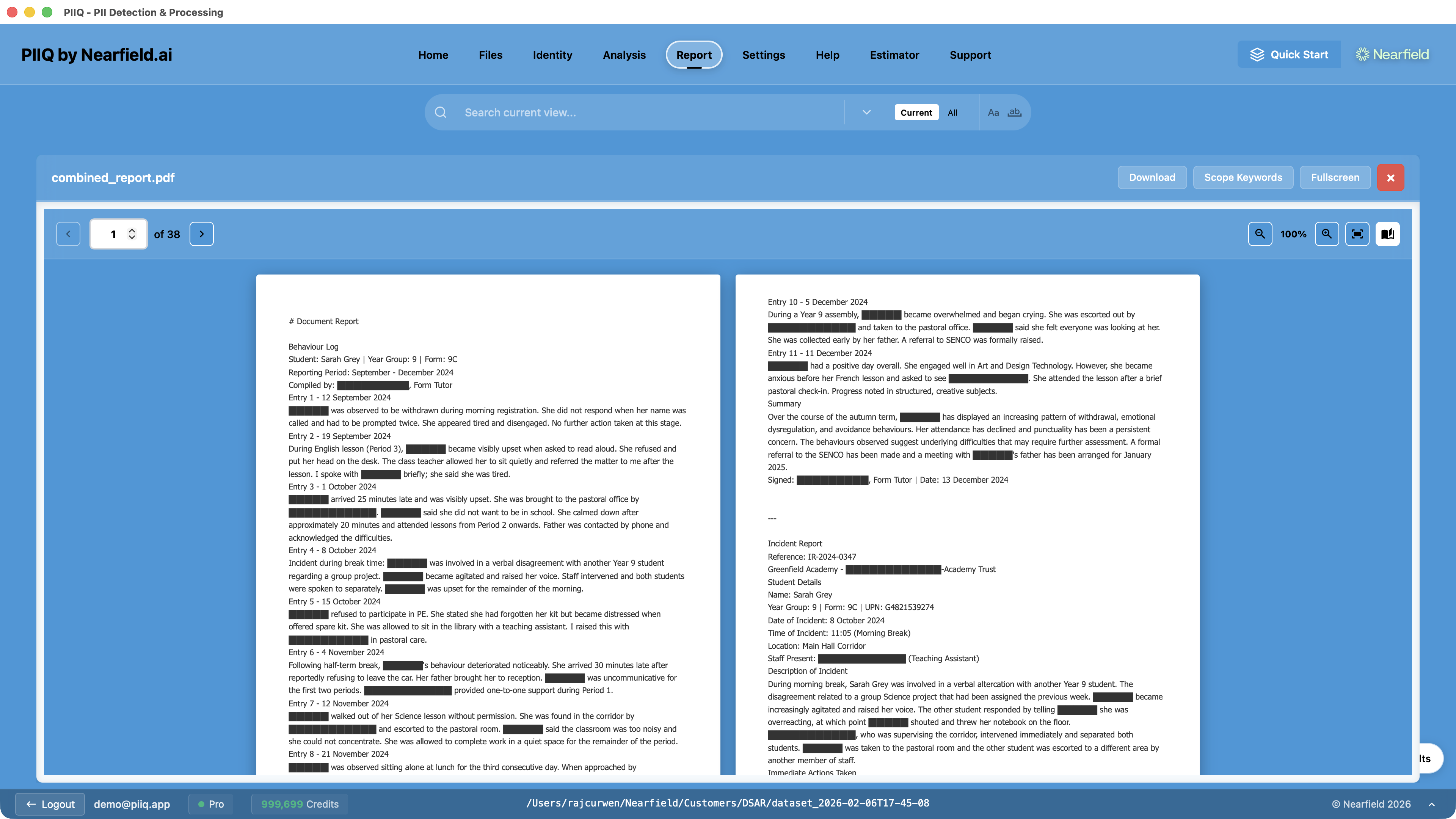 Screenshot: PIIQ redacted PDF output showing documents with personal data properly redacted