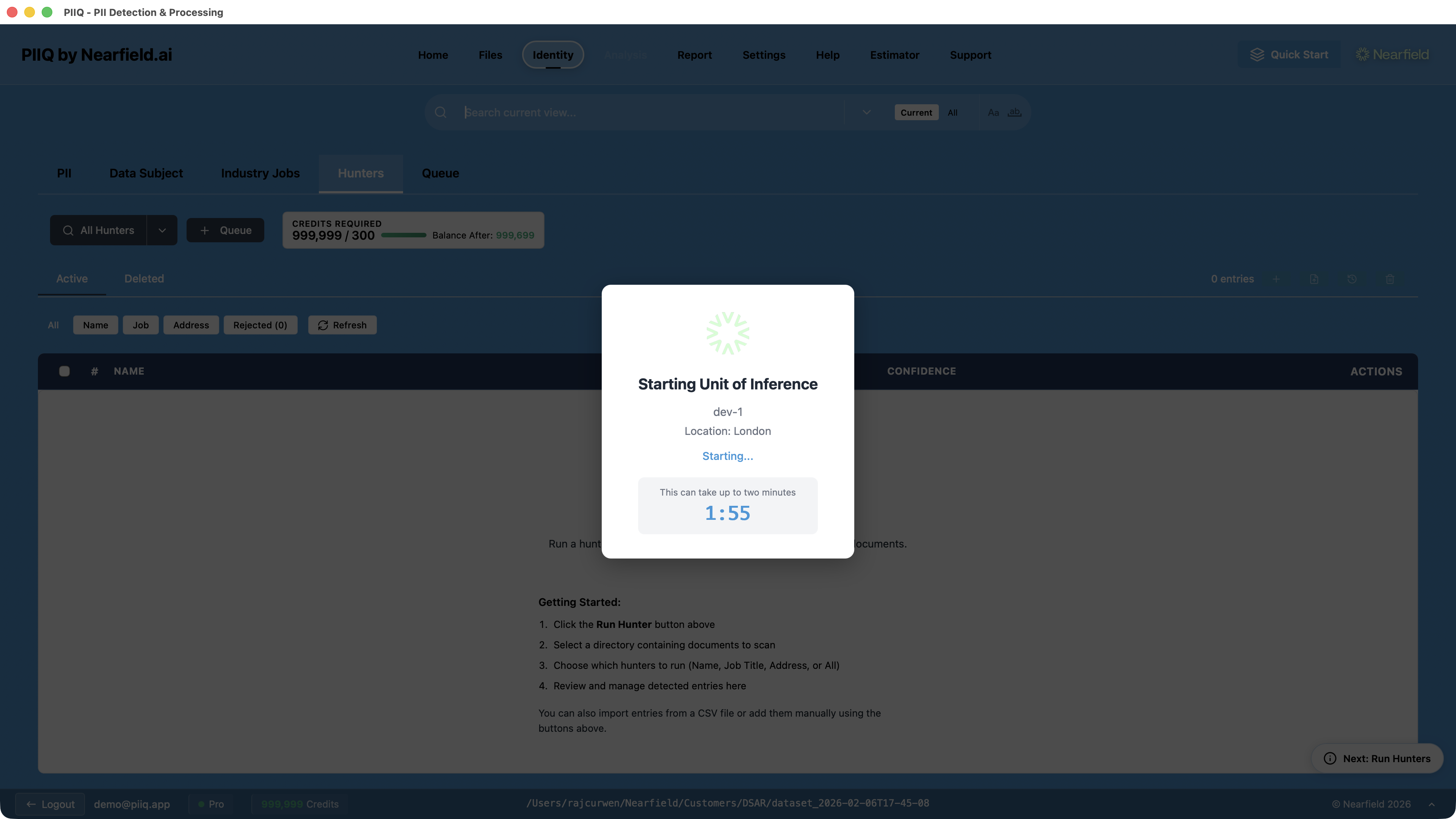 Screenshot: PIIQ starting a Unit of Inference for Hunters processing