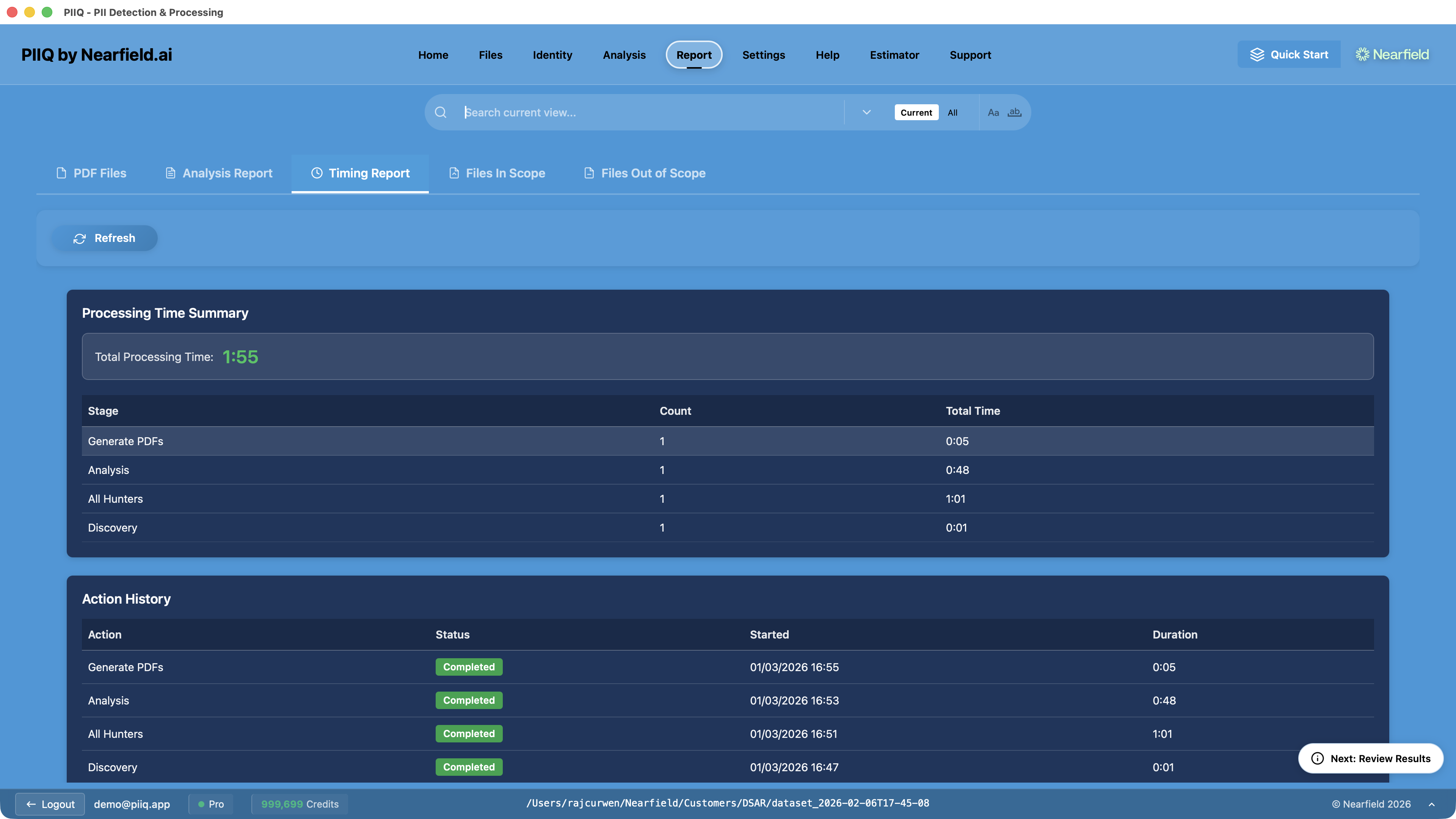 Screenshot: PIIQ timing report showing total processing time of under 2 minutes across all stages